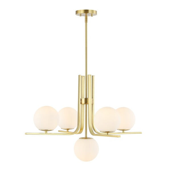 LENORE, 5 LIGHT, 29.75 INCH, BRASS, IRON/GLASS CHANDELIER